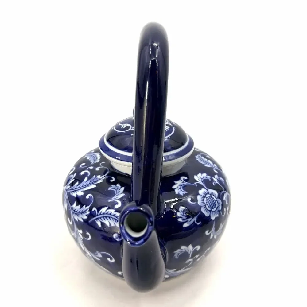 Mandarin Style Cobalt Blue White Floral Lidded Porcelain Teapot